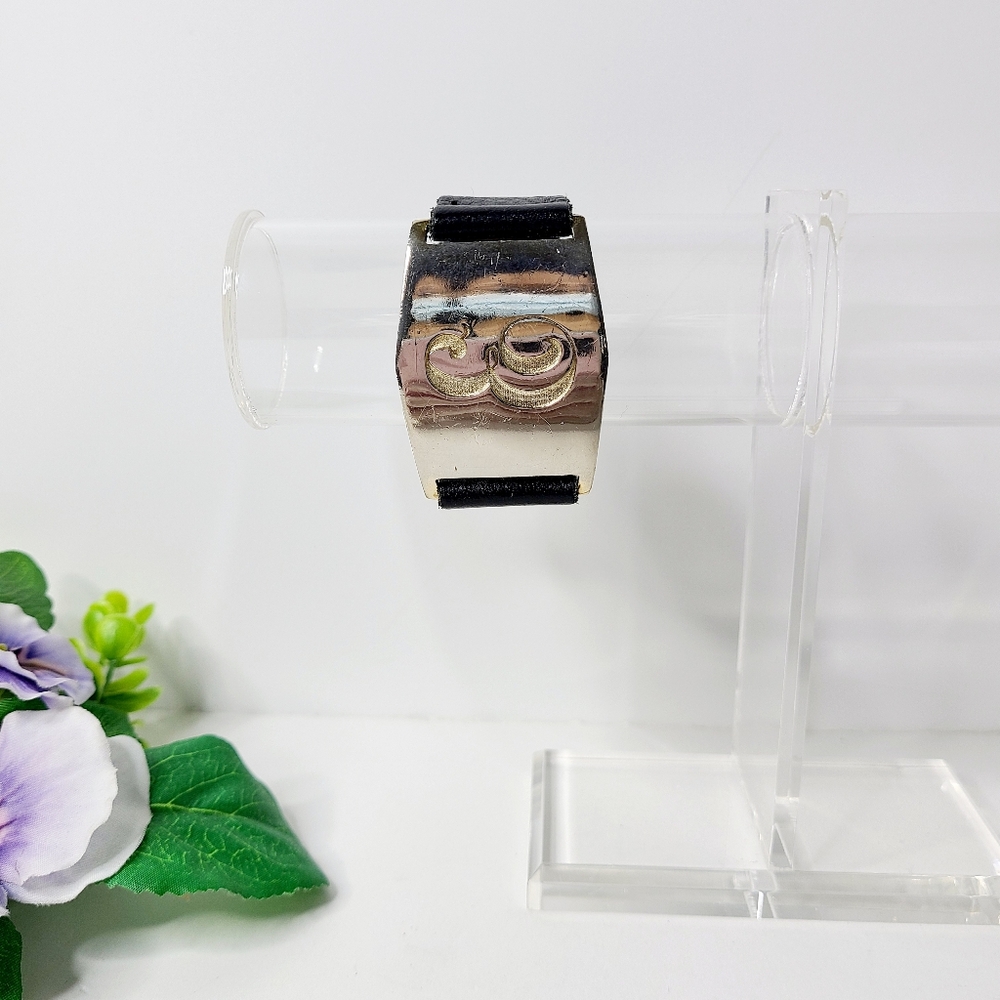 Lisa Stewart Black Genuine Leather Silver Tone Inital E Wide Cuff Bracelet